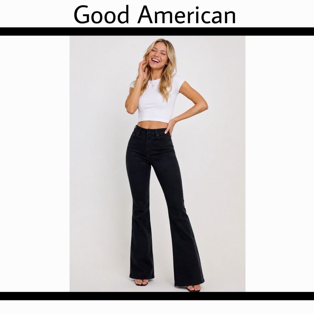 Good American Pull On Flare Jeans Womens Large Black GLF478BTE High Rise Stretch